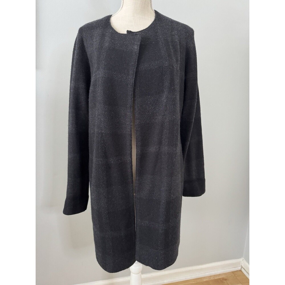 Eileen Fisher Plaid Felt Merino Wool Open Front Jacket Size S Classic‎ Minimal